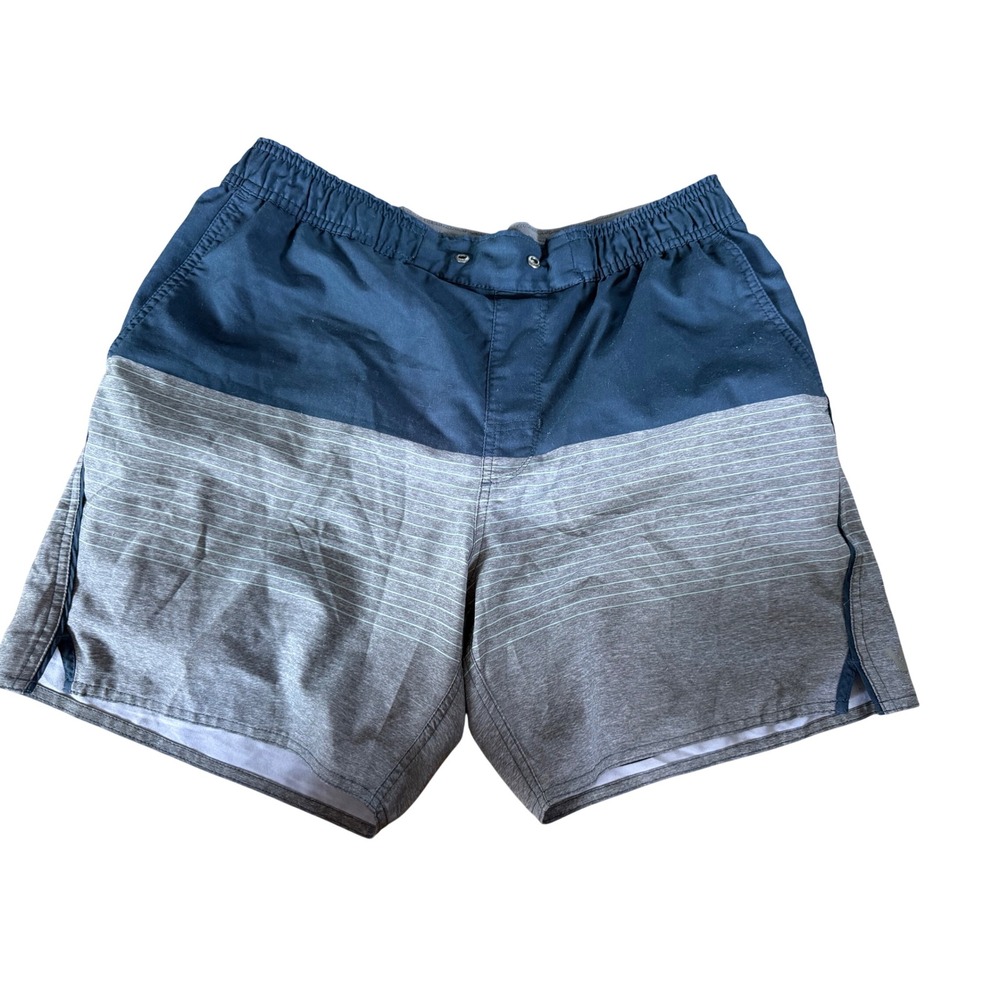 Vuori Mens Board Shorts Navy Blue Grey Colorblock Striped Swim Trunks M